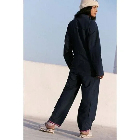Free People Mesmerize Me Jumpsuit Longsleeve Navy Blue Wide Leg Cargo Pants L - Picture 4 of 10